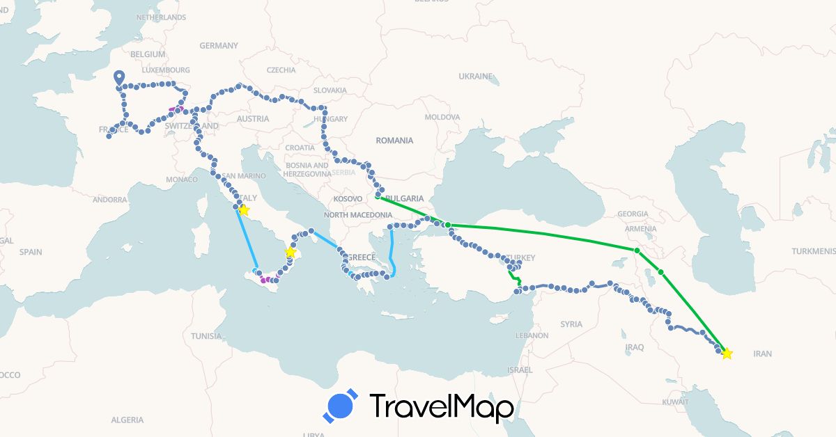 TravelMap itinerary: driving, bus, cycling, train, boat in Austria, Bulgaria, Switzerland, Germany, France, Greece, Hungary, Iraq, Iran, Italy, Serbia, Slovakia, Turkey, Vatican City (Asia, Europe)