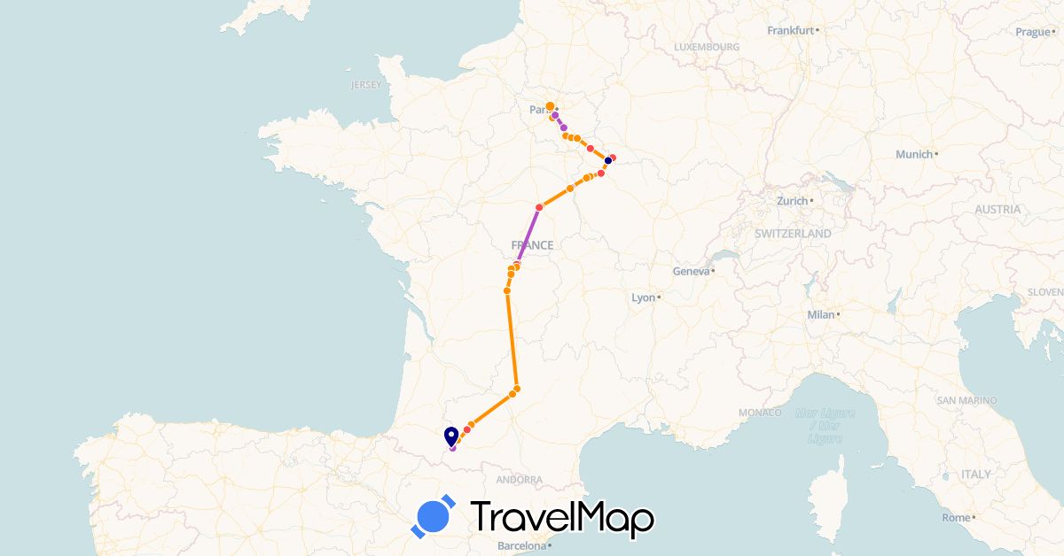 TravelMap itinerary: driving, train, hiking, hitchhiking in France (Europe)